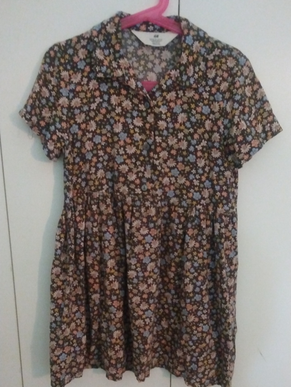 H&M Girls' Brown Floral Button-Front Short Sleeve Dress